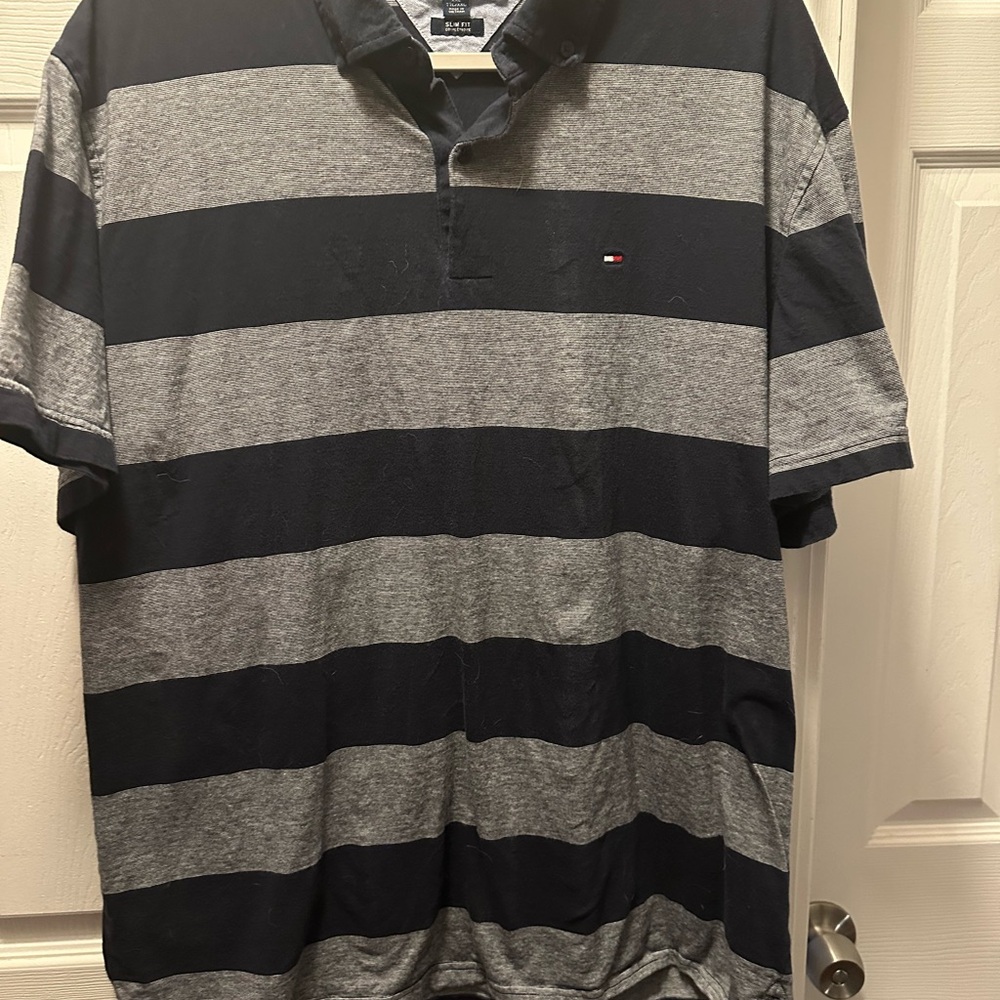 Tommy‎ Hilfiger Black and Gray Polo Shirt with Bold Stripes